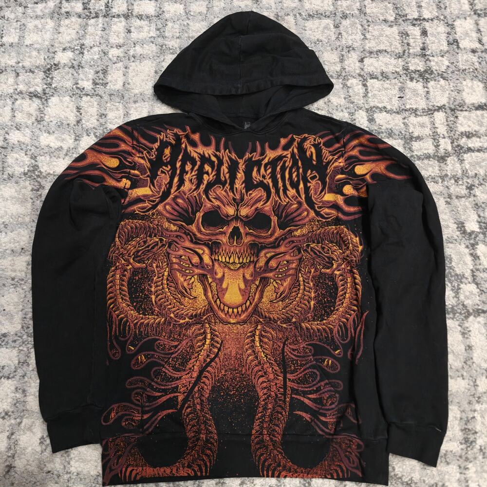 Affliction Skull Flame Graphic Hoodie Mens Medium Black Y2K Grunge MMA Biker